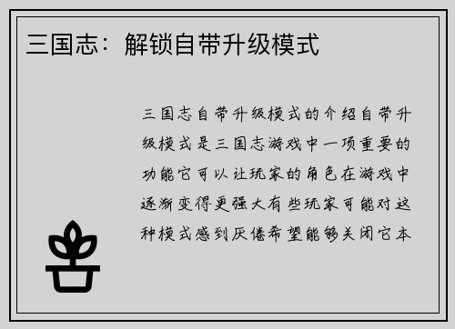 三国志：解锁自带升级模式